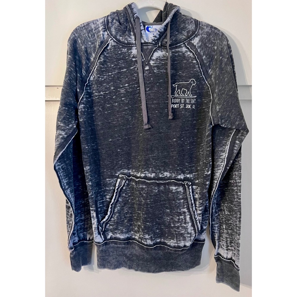 Buddy By The Sea Womens Burnout Hoodie Charcoal Grey Tropical Dog Graphic Med